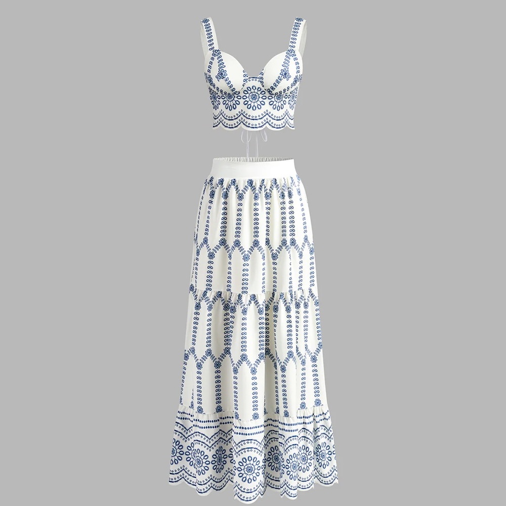 Commense White and Blue A-Line Maxi Skirt